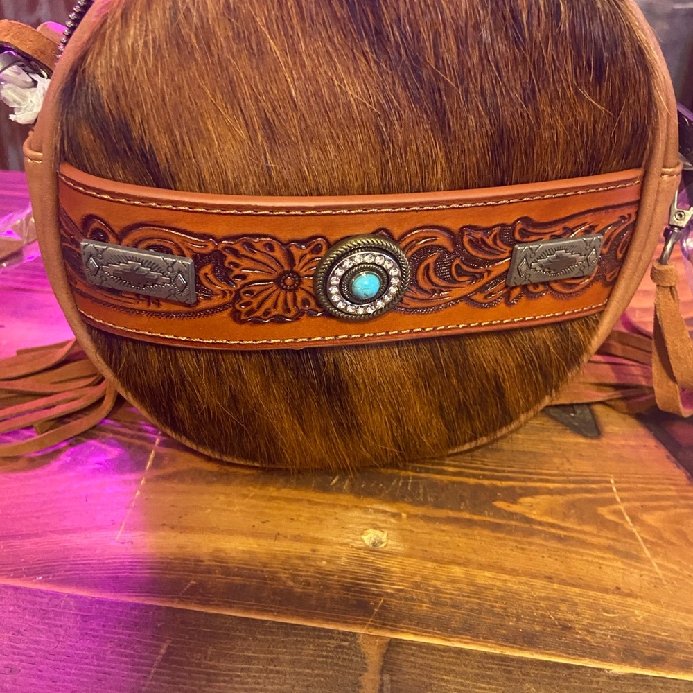Round Leather and Fur Crossbody Bag